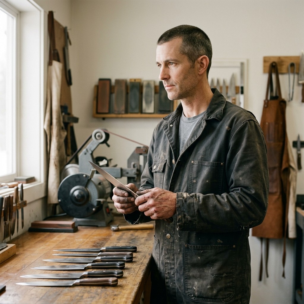 Ezra Hollins checking a knife edge against the light beside a belt grinder, whetstones on the shelf and butcher knives laid out on the bench