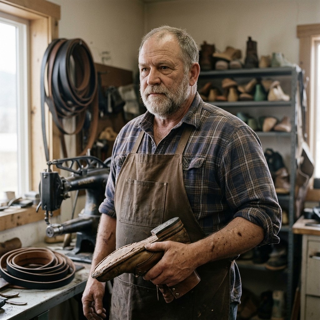 Lowell Trask holding a half rebuilt leather boot in his resole shop, lasts and a stitching machine behind him
