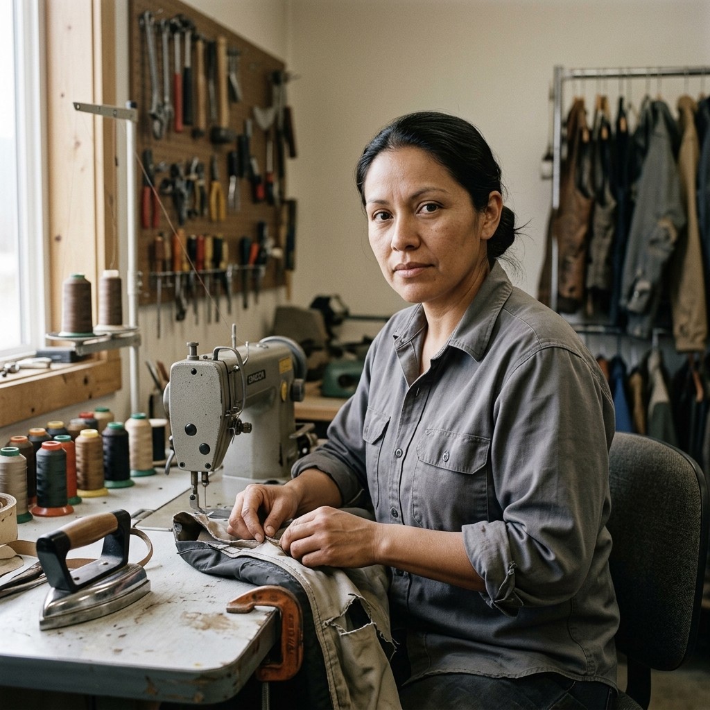 Marisol Quintanar at an industrial sewing machine with a torn shell jacket and a seam tape iron in front of her